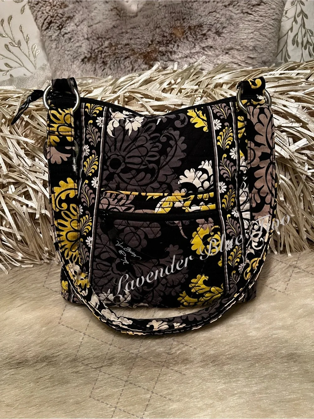 VERA BRADLEY Baroque 2008 Zipper Hipster Crossbody Black Yellow Y2K Floral